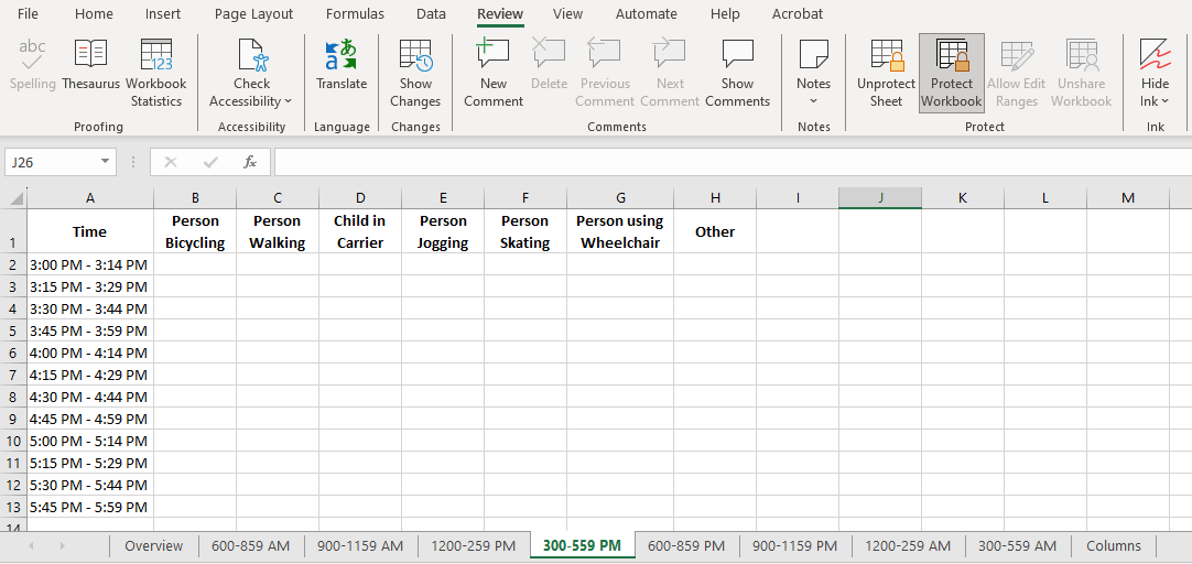 PM Peak Data Collection Spreadsheet Tab. This image shows the data input tab for 3:00 P.M. to 5:59 P.M. The first column is labeled “Time” and includes rows for each 15-minute time interval during the data input period. To the right are seven columns, one for each travel mode: person bicycling, person walking, child in carrier, person jogging, person skating, person using wheelchair, and other.